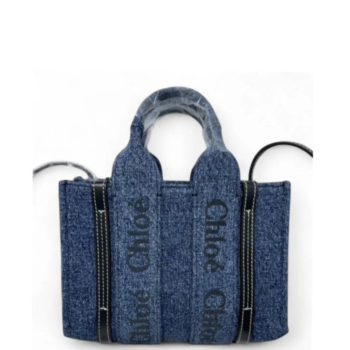 Chloe Mini Woody Ribbon Tote Denim Calfskin Blue Black