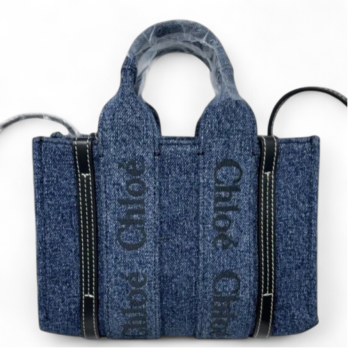 Chloe Mini Woody Ribbon Tote Denim Calfskin Blue Black