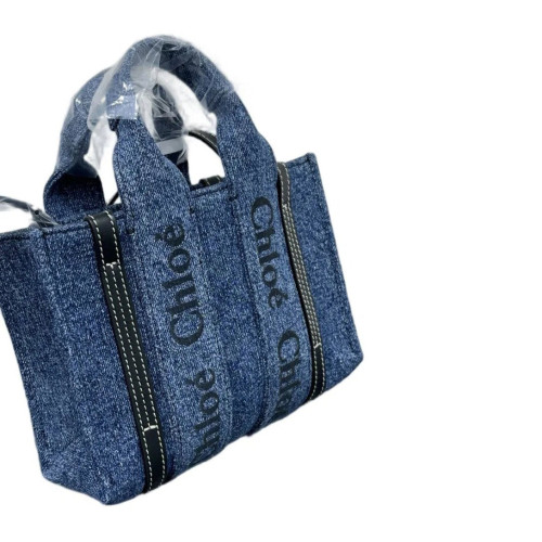 Chloe Mini Woody Ribbon Tote Denim Calfskin Blue Black