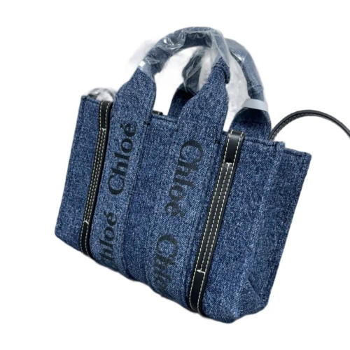 Chloe Mini Woody Ribbon Tote Denim Calfskin Blue Black