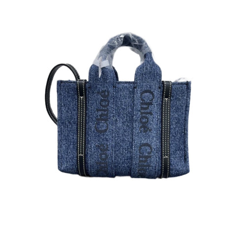 Chloe Mini Woody Ribbon Tote Denim Calfskin Blue Black