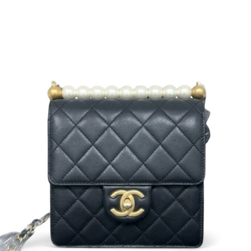 Chanel Quilted Mini Chic Pearls Flap Wallet On Chain Calfskin Black