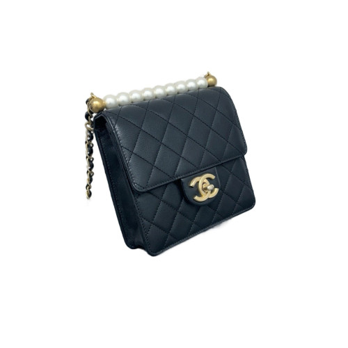 Chanel Quilted Mini Chic Pearls Flap Wallet On Chain Calfskin Black