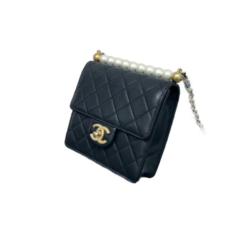 Chanel Quilted Mini Chic Pearls Flap Wallet On Chain Calfskin Black