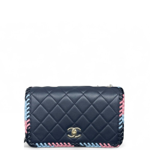 Chanel Quilted Braid Flap Bag Calfskin Black Pink Blue