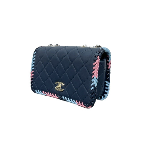 Chanel Quilted Braid Flap Bag Calfskin Black Pink Blue