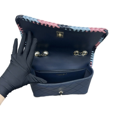Chanel Quilted Braid Flap Bag Calfskin Black Pink Blue