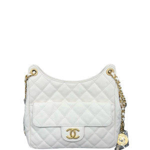 Chanel Quilted Small Wavy CC Hobo Grained Calfskin White