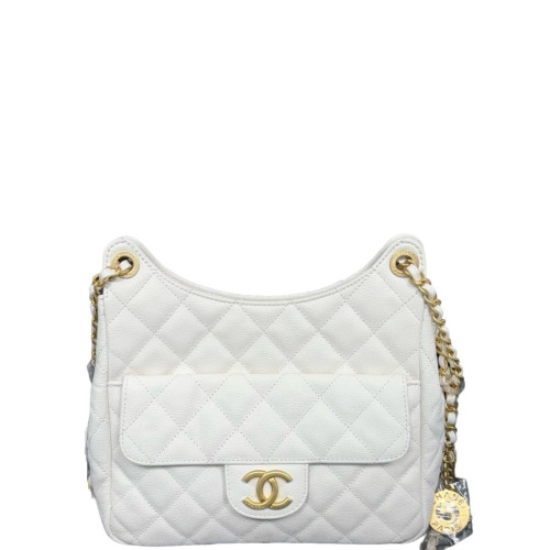 Chanel Quilted Small Wavy CC Hobo Grained Calfskin White