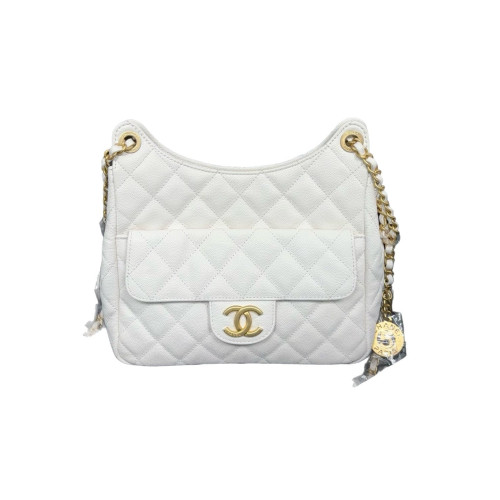 Chanel Quilted Small Wavy CC Hobo Grained Calfskin White