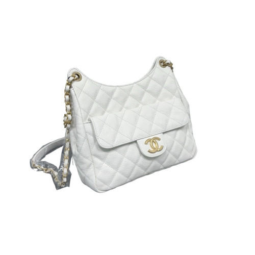 Chanel Quilted Small Wavy CC Hobo Grained Calfskin White