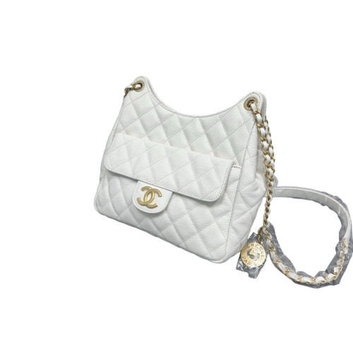 Chanel Quilted Small Wavy CC Hobo Grained Calfskin White