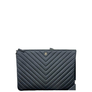 Chanel Quilted Large Boy O Case Clutch Calfskin Black
