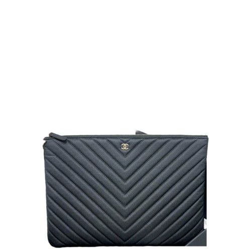 Chanel Quilted Large Boy O Case Clutch Calfskin Black