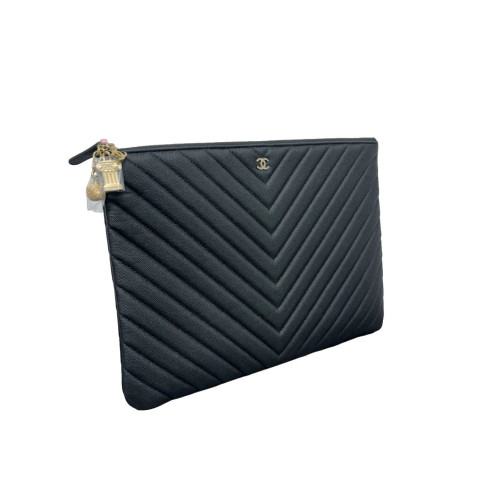 Chanel Quilted Large Boy O Case Clutch Calfskin Black