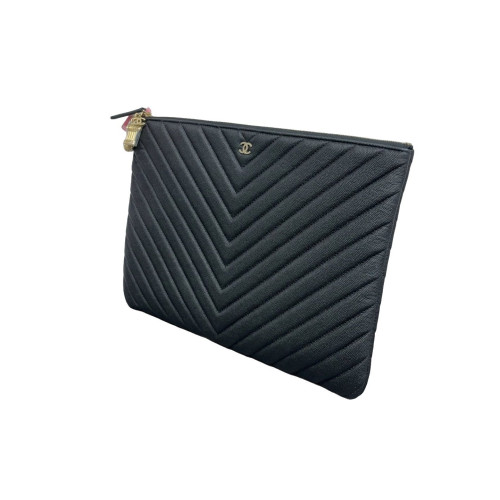 Chanel Quilted Large Boy O Case Clutch Calfskin Black