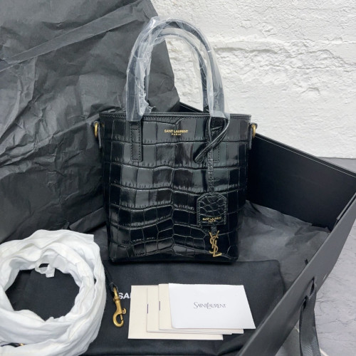 Yves Saint Laurent Tote Bag Calfskin Crocodile Embossed Black
