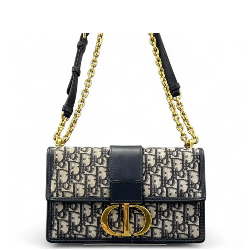 Dior 30 Montaigne Chain Flap Bag Oblique Calfskin Beige Navy