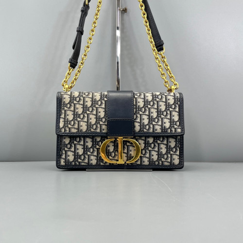 Dior 30 Montaigne Chain Flap Bag Oblique Calfskin Beige Navy