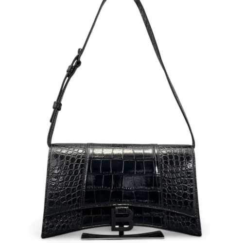 Balenciaga Shoulder Bag Calfskin Crocodile Embossed Black