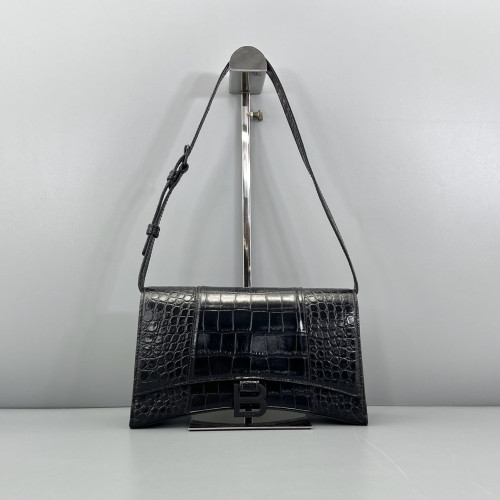 Balenciaga Shoulder Bag Calfskin Crocodile Embossed Black