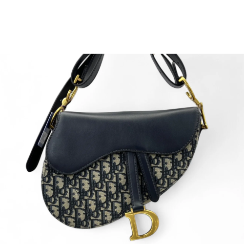 Dior Medium Saddle Bag Oblique Calfskin Beige Navy