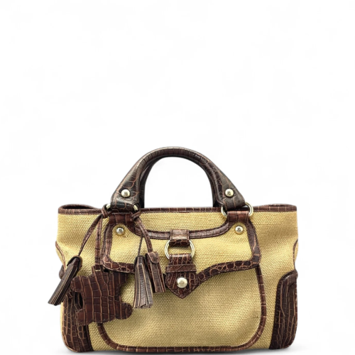 Celine Handbag Canvas Calfskin Crocodile Embossed Brown Dark Deige