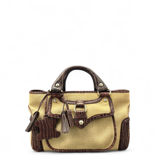 Celine Handbag Canvas Calfskin Crocodile Embossed Brown Dark Deige
