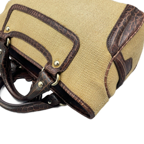 Celine Handbag Canvas Calfskin Crocodile Embossed Brown Dark Deige