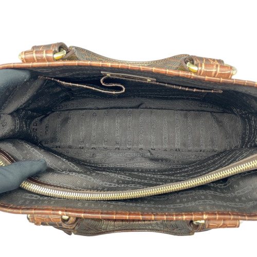 Celine Handbag Canvas Calfskin Crocodile Embossed Brown Dark Deige