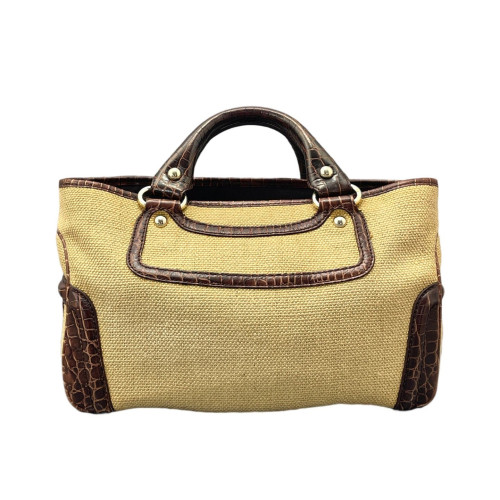 Celine Handbag Canvas Calfskin Crocodile Embossed Brown Dark Deige