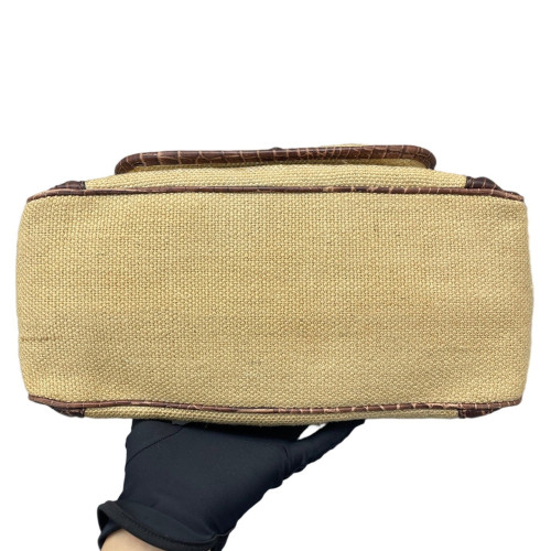 Celine Handbag Canvas Calfskin Crocodile Embossed Brown Dark Deige