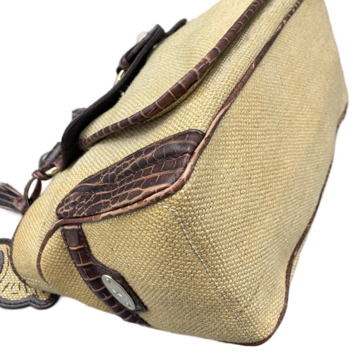 Celine Handbag Canvas Calfskin Crocodile Embossed Brown Dark Deige