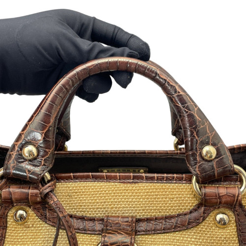 Celine Handbag Canvas Calfskin Crocodile Embossed Brown Dark Deige