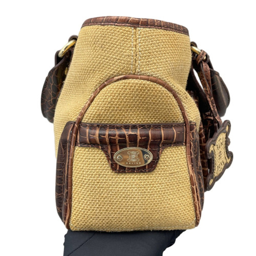 Celine Handbag Canvas Calfskin Crocodile Embossed Brown Dark Deige