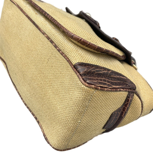 Celine Handbag Canvas Calfskin Crocodile Embossed Brown Dark Deige