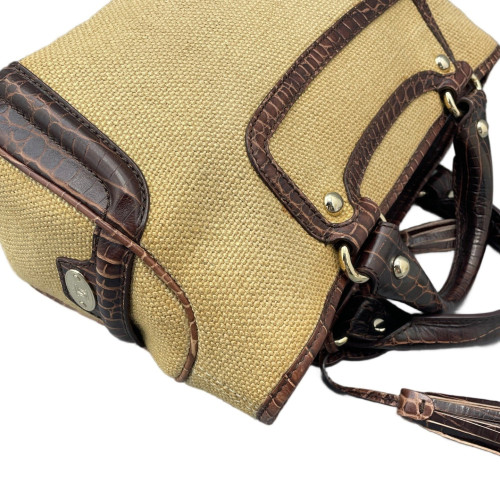 Celine Handbag Canvas Calfskin Crocodile Embossed Brown Dark Deige