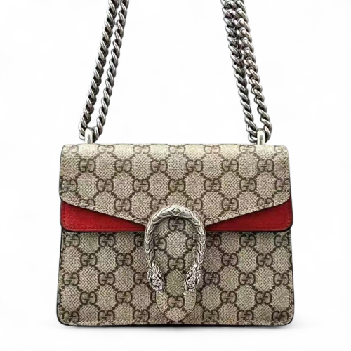 Gucci Mini Dionysus Chain Wallet GG Monogram Beige Red