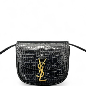 Yves Saint Laurent Saddle Bag Calfskin Crocodile Embossed Black