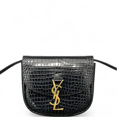 Yves Saint Laurent Saddle Bag Calfskin Crocodile Embossed Black