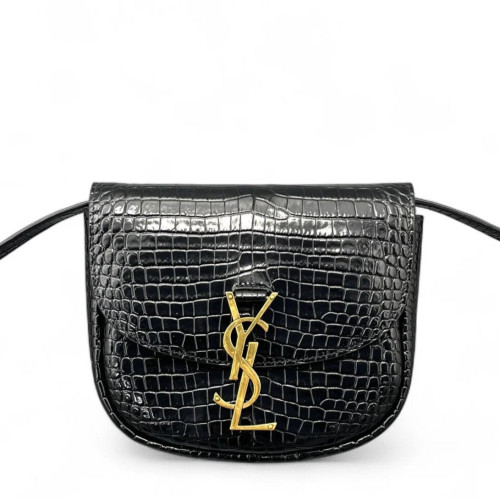 Yves Saint Laurent Saddle Bag Calfskin Crocodile Embossed Black