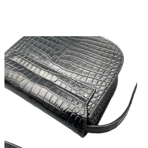 Yves Saint Laurent Saddle Bag Calfskin Crocodile Embossed Black