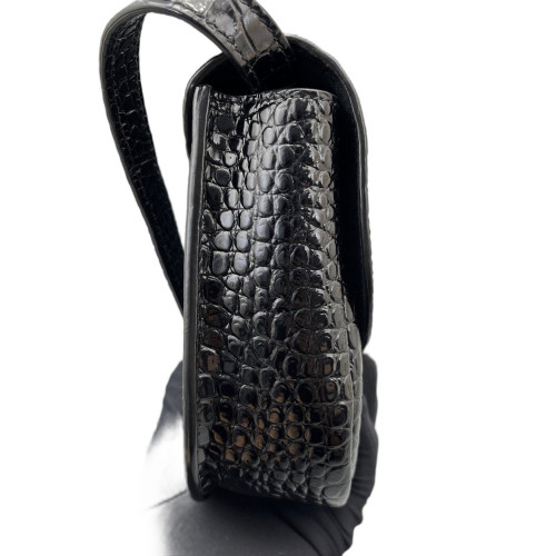 Yves Saint Laurent Saddle Bag Calfskin Crocodile Embossed Black