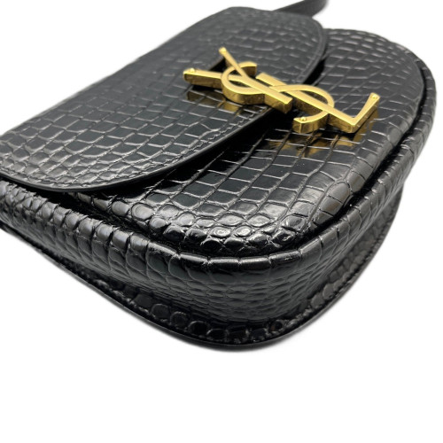 Yves Saint Laurent Saddle Bag Calfskin Crocodile Embossed Black