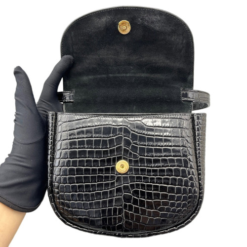 Yves Saint Laurent Saddle Bag Calfskin Crocodile Embossed Black