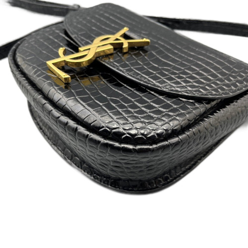 Yves Saint Laurent Saddle Bag Calfskin Crocodile Embossed Black