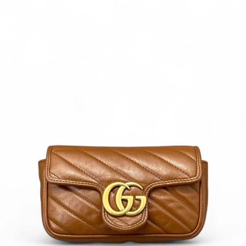 Gucci Chevron Super Mini GG Marmont Chain Wallet Calfskin Tan