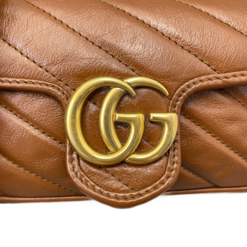 Gucci Chevron Super Mini GG Marmont Chain Wallet Calfskin Tan