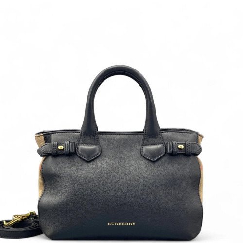 Burberry Small Banner Tote Calfskin House Check Black Brown