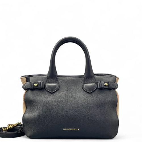 Burberry Small Banner Tote Calfskin House Check Black Brown